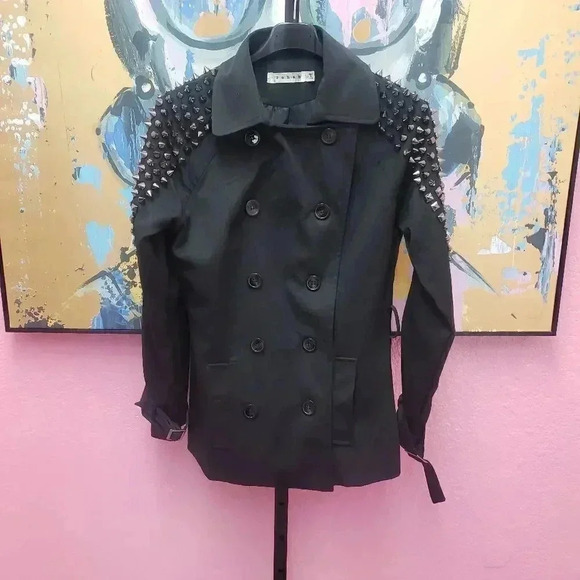 Rehab Spiked/Studded Short Black Trench Coat - Picture 1 of 6